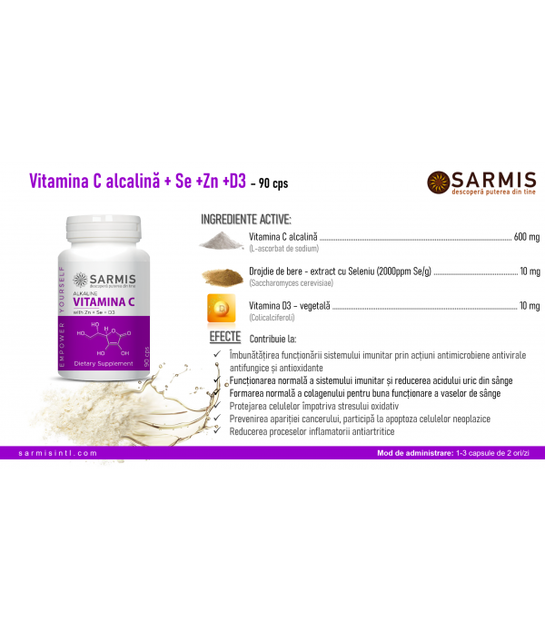Vitamina C Alkaline cu Se+D3+Zn – 90 cps